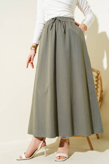Çift Cepli Beli Lastikli Etek Haki - Uzun Etek