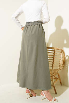 Çift Cepli Beli Lastikli Etek Haki - Uzun Etek