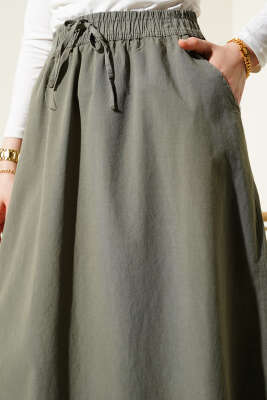 Çift Cepli Beli Lastikli Etek Haki - Uzun Etek