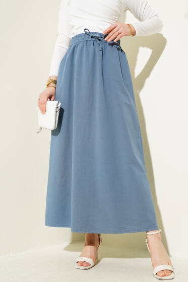 Çift Cepli Beli Lastikli Etek İndigo - Etek