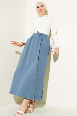 Çift Cepli Beli Lastikli Etek İndigo - Uzun Etek