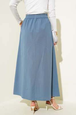 Çift Cepli Beli Lastikli Etek İndigo - Uzun Etek