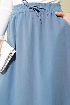 Çift Cepli Beli Lastikli Etek İndigo - Uzun Etek