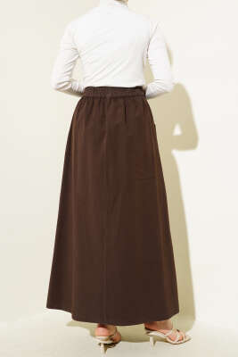 Çift Cepli Beli Lastikli Etek Kahve - Uzun Etek