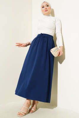 Çift Cepli Beli Lastikli Etek Lacivert - Uzun Etek