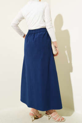 Çift Cepli Beli Lastikli Etek Lacivert - Uzun Etek