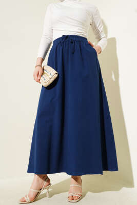 Çift Cepli Beli Lastikli Etek Lacivert 