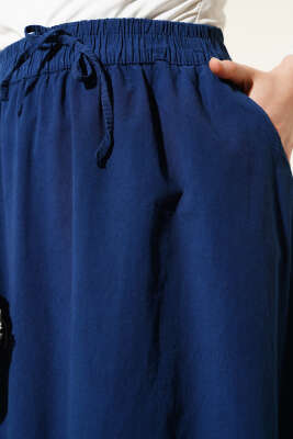 Çift Cepli Beli Lastikli Etek Lacivert - Uzun Etek