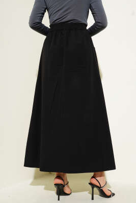 Çift Cepli Beli Lastikli Etek Siyah - Uzun Etek