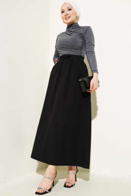 Çift Cepli Beli Lastikli Etek Siyah - Uzun Etek