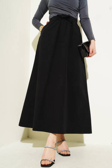 Çift Cepli Beli Lastikli Etek Siyah - Uzun Etek