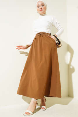 Çift Cepli Beli Lastikli Etek Taba - Uzun Etek