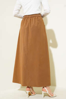 Çift Cepli Beli Lastikli Etek Taba - Uzun Etek