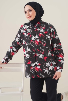 Çift Cepli Çiçek Desen Siyah Tunik - Tunik