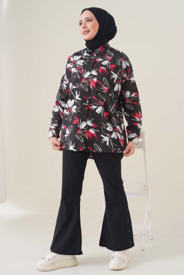 Çift Cepli Çiçek Desen Siyah Tunik - Tunik