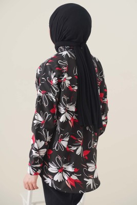 Çift Cepli Çiçek Desen Siyah Tunik - Tunik