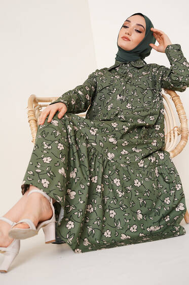 Çift Cepli Çiçek Desenli Elbise Haki - Tesettür Elbise