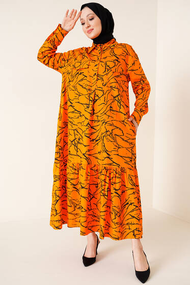 Çift Cepli Çiçek Desenli Elbise Oranj - Tesettür Elbise