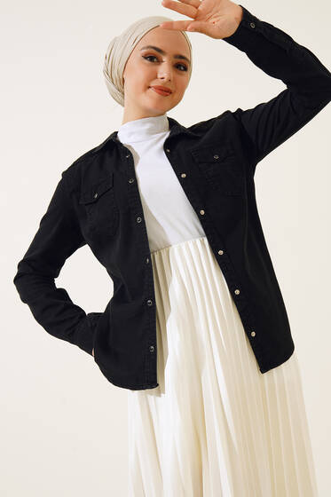 Çift Cepli Çıt Çıt Düğmeli Gömlek Füme - Gömlek