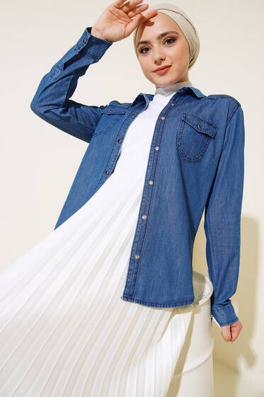 Çift Cepli Çıt Çıt Düğmeli Gömlek Kot Mavisi - Kot Gömlek