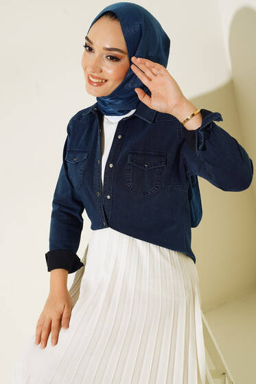 Çift Cepli Çıt Çıt Düğmeli Kot Gömlek Lacivert - Ceket