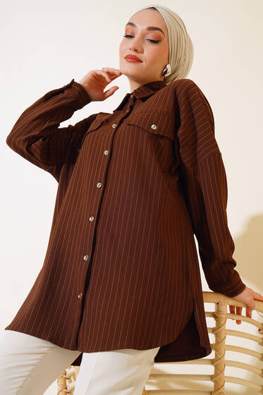 Çift Cepli Çizgili Gömlek Kahve - Gömlek