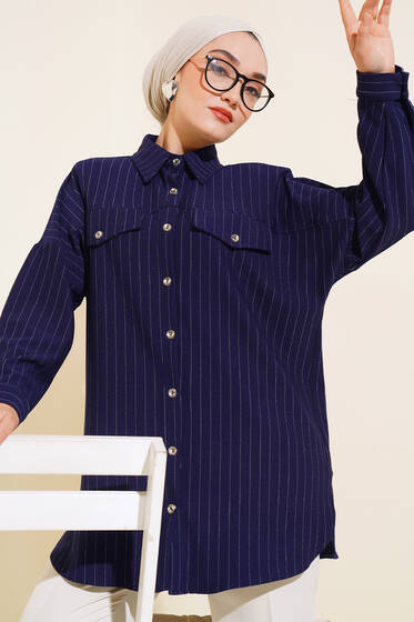 Çift Cepli Çizgili Gömlek Lacivert - Gömlek