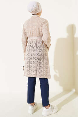 Çift Cepli Delikli Kuşaklı Triko Hırka Bej - Triko Hırka