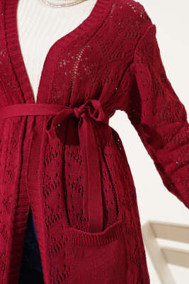 Çift Cepli Delikli Kuşaklı Triko Hırka Bordo - Triko Hırka