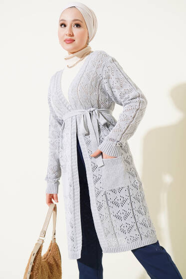 Çift Cepli Delikli Kuşaklı Triko Hırka Gri - Hırka