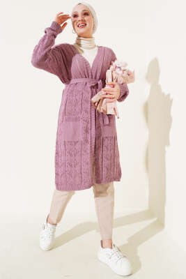 Çift Cepli Delikli Kuşaklı Triko Hırka Gül Kurusu - Triko Hırka