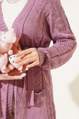 Çift Cepli Delikli Kuşaklı Triko Hırka Gül Kurusu - Triko Hırka