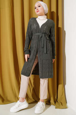 Çift Cepli Delikli Kuşaklı Triko Hırka Haki - Triko Hırka