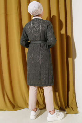 Çift Cepli Delikli Kuşaklı Triko Hırka Haki - Triko Hırka