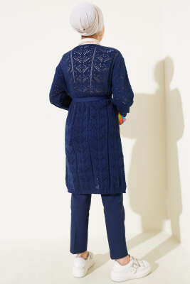 Çift Cepli Delikli Kuşaklı Triko Hırka Lacivert - Triko Hırka