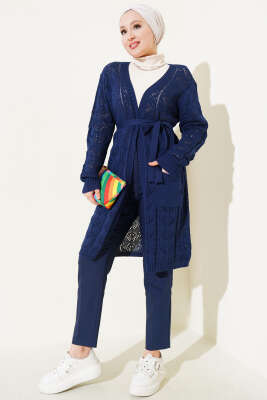 Çift Cepli Delikli Kuşaklı Triko Hırka Lacivert - Triko Hırka