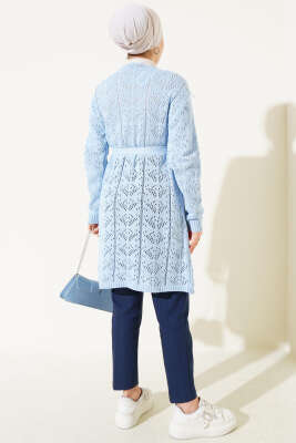 Çift Cepli Delikli Kuşaklı Triko Hırka Mavi - Triko Hırka