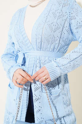 Çift Cepli Delikli Kuşaklı Triko Hırka Mavi - Triko Hırka