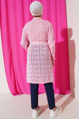 Çift Cepli Delikli Kuşaklı Triko Hırka Pembe - Triko Hırka