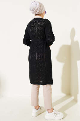 Çift Cepli Delikli Kuşaklı Triko Hırka Siyah - Triko Hırka