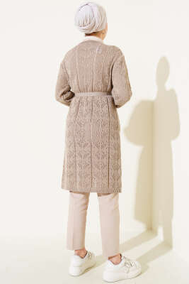 Çift Cepli Delikli Kuşaklı Triko Hırka Vizon - Triko Hırka