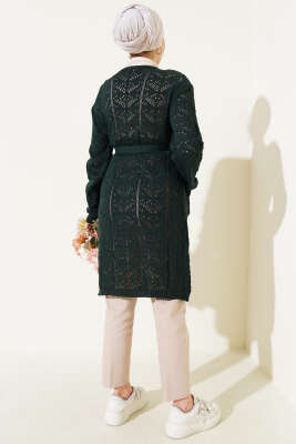 Çift Cepli Delikli Kuşaklı Triko Hırka Zümrüt - Triko Hırka