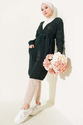 Çift Cepli Delikli Kuşaklı Triko Hırka Zümrüt - Triko Hırka