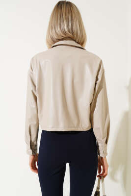 Çift Cepli Deri Crop Ceket Bej - Kadın Giyim Modelleri