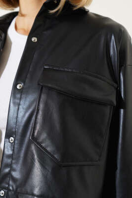 Çift Cepli Deri Crop Ceket Siyah - Kadın Giyim Modelleri