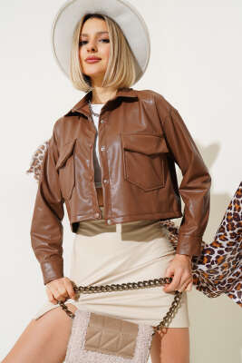 Çift Cepli Deri Crop Ceket Taba - Kadın Giyim Modelleri