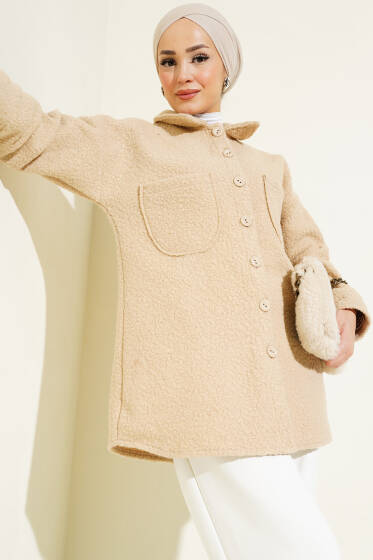 Çift Cepli Düğmeli Buklet Gömlek Bej - Gömlek