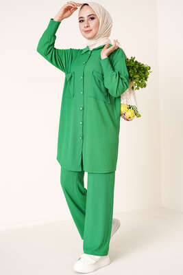 Çİft Cepli Düğmeli Bürümcük İkili Takım Yeşil 