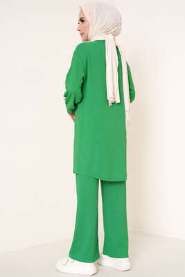 Çİft Cepli Düğmeli Bürümcük İkili Takım Yeşil - İKİLİ TAKIM