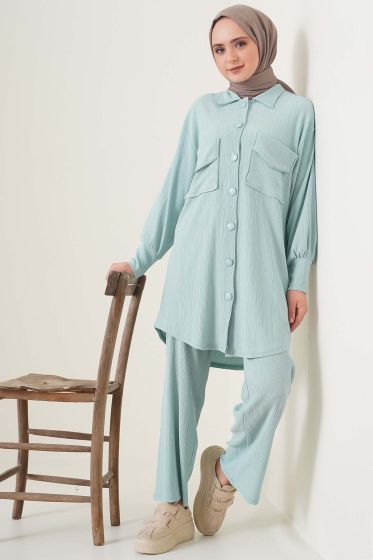 Çift Cepli Düğmeli Çağla Yeşili İkili Takım - İKİLİ TAKIM